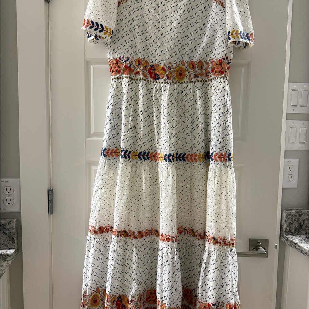 Bohme White Maxi Dress with Multicolor Floral and Gold Accents